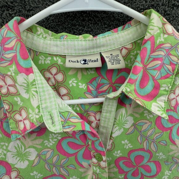 Duck Head Medium Women Button Up Floral Shirt Green Pink 1/2 Sleeve Stretch - Picture 6 of 14